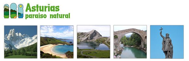 Conjunto de imágenes representativas de Asturias: una montaña, una playa, Los lagos de Covadonga, Puente Virgen de Covadonga y estatua de Pelayo